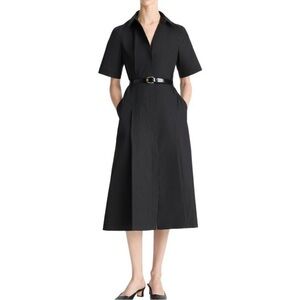 Black Shirt-Collar Midi Dress with Belt